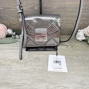 Calvin Klein Saffiano Metallic Silver Crossbody Chain Purse Clutch Pushlock